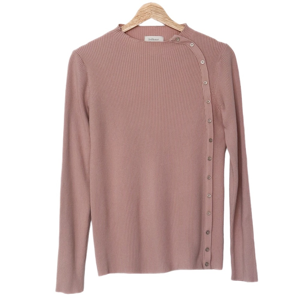 Bohme Pink Ribbed Button Side Sweater Shirt Mockneck — L